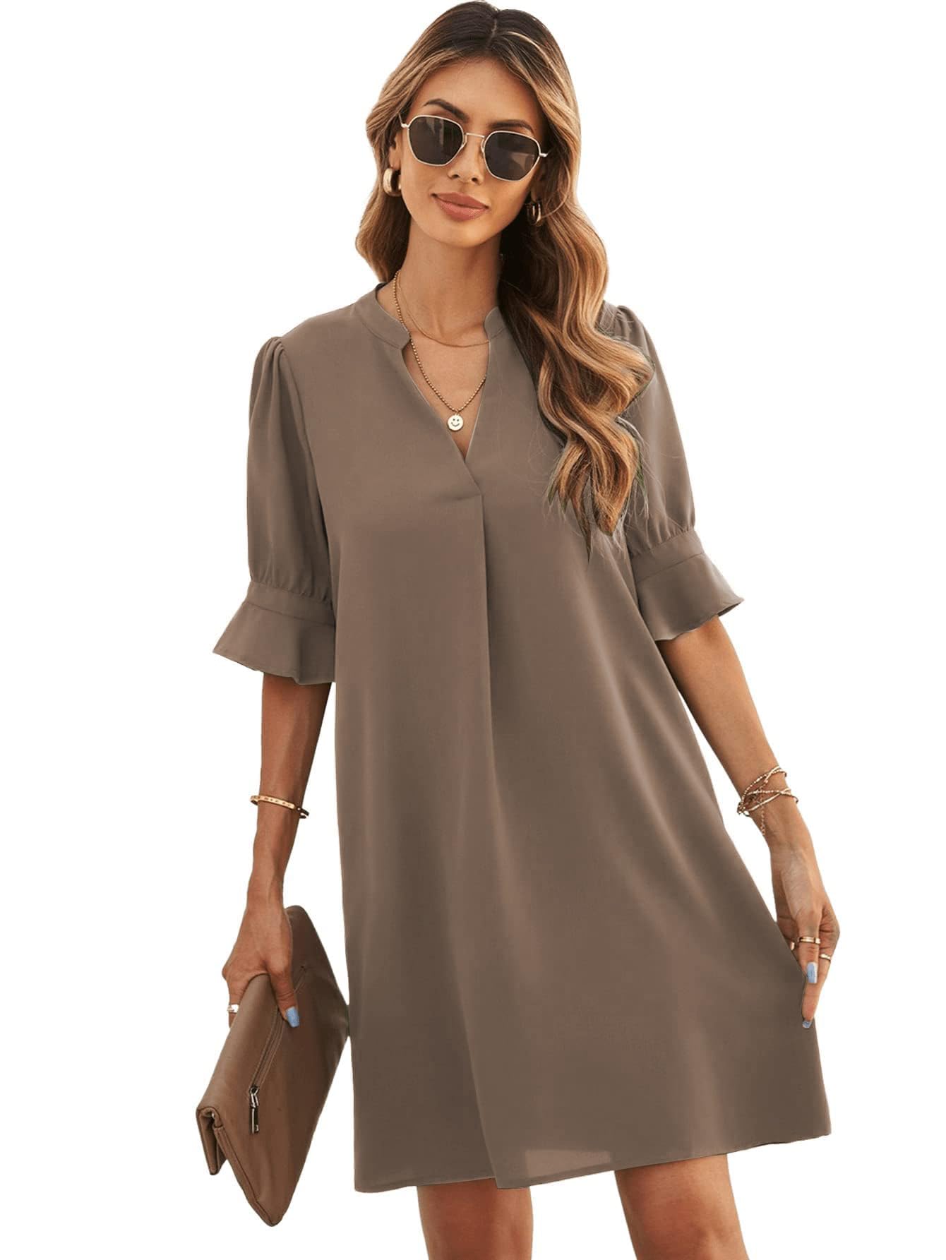 Famulily Robe chemise élégante et décontractée, pour femmes, avec col en V, manches mi-longues, couleur unie, tailles S à XXL
