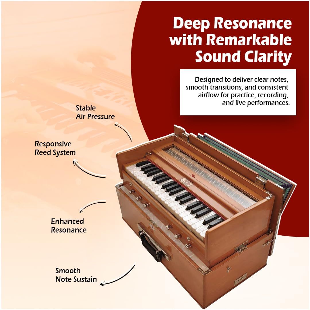 Tragbares Harmonium BINA 23B Faltbarer Safari 3 1/4 Oktaven 6 Stops klassische Holzfarbe, Kupplung, Nylontasche, indisches Musikinstrument, Kirtan 440 Hz