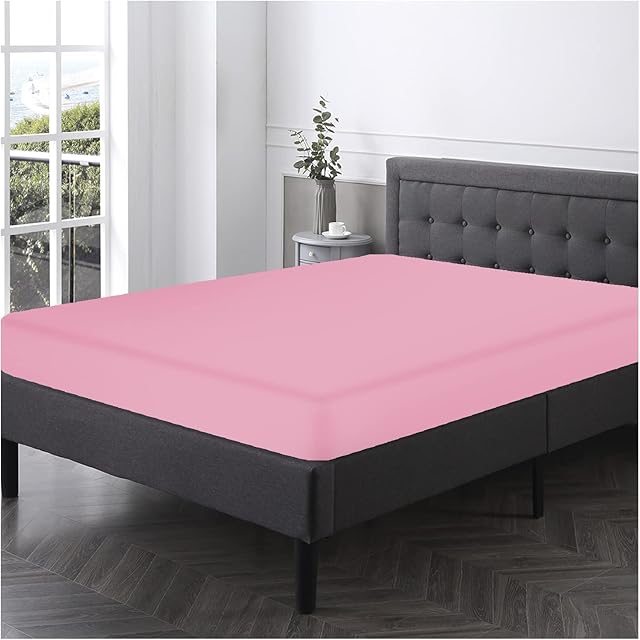 Plain Dyed Bedding Fitted Bedsheets, Soft & Comfy Double Bed Sheet, Breathable Non Iron Percale Sheets, Pink