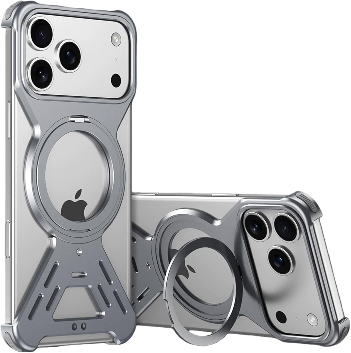 Frameless Aluminum Cooling Case for iPhone 17 Pro Max/17 Pro/17 Air/17 [Compatible with MagSafe] Magnetic Rotating Ring Stand, Open-Back Aluminum Frame, Slim Shock-Resistant Bumper(Gray,17 Pro)