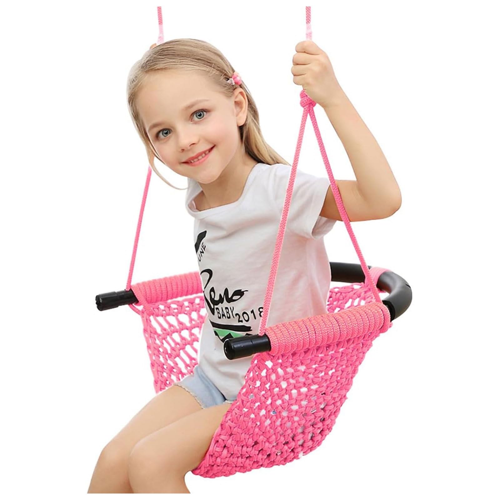 Swing Seat For Kids，Little Swing Set，Hand-Knitting Toddler Swing With Adjustable Ropes, Rope Play Swing Set For Tree, Outdoor Indoor, Playgroun(Pink)