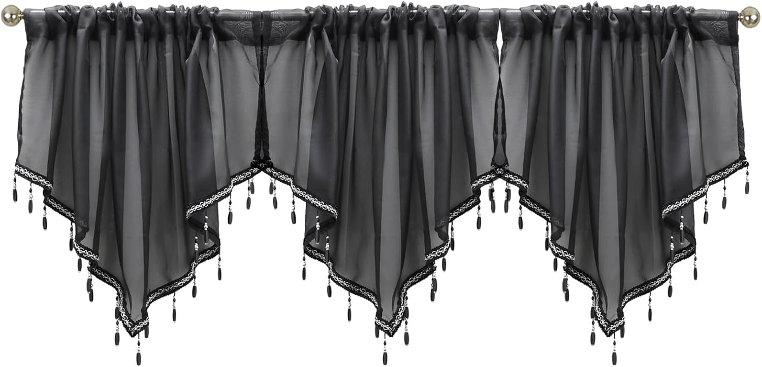 3 Pieces Black Beaded Sheer Valance with Rod Pocket Scalloped Window Curtains Small Lace Panels for Farmhouse Kitchen Living Room, 23.6X 51
