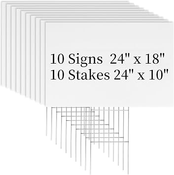 Newflager 10 Pack 18 x 24 Inches Large White Corrugated Plastic Yard Sign with Metal Stakes for Birthday, Real Estate Garage Sale Signs, Rent, Guidepost Decorations