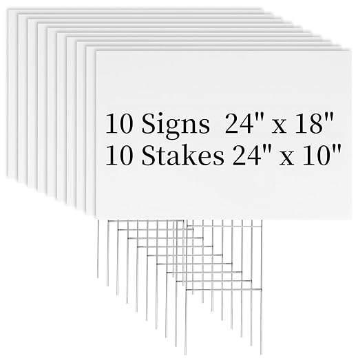 10 Pack 18 x 24 Inches Large White Corrugated Plastic Yard Sign with Metal Stakes for Birthday, Real Estate Garage Sale Signs, Rent, Guidepost Decorations