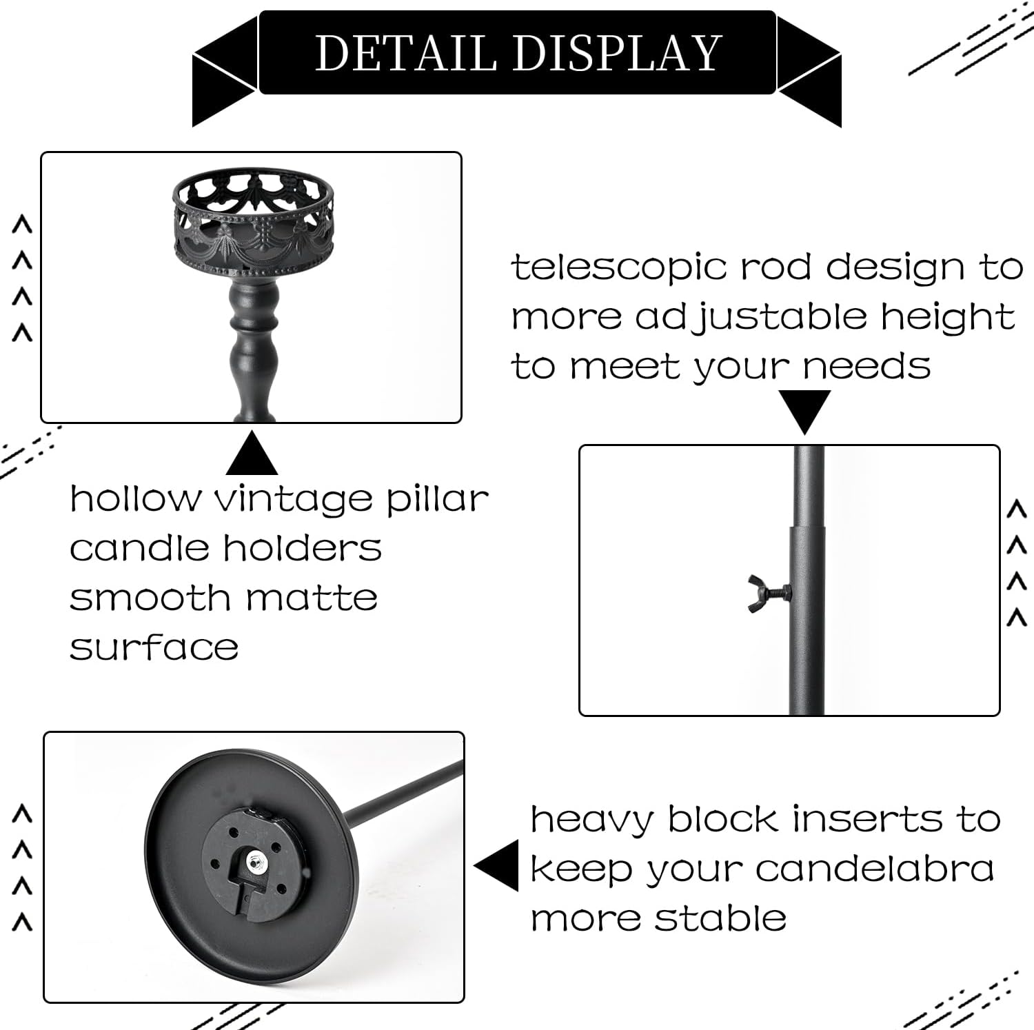 Matte Black Pillar Candle Holders Set of 6 for Holloween Centerpiece,Vintage Metal Floor Candle Holder for Wedding Party Dining Table Home Ceremony Fireplace Mantel Decor