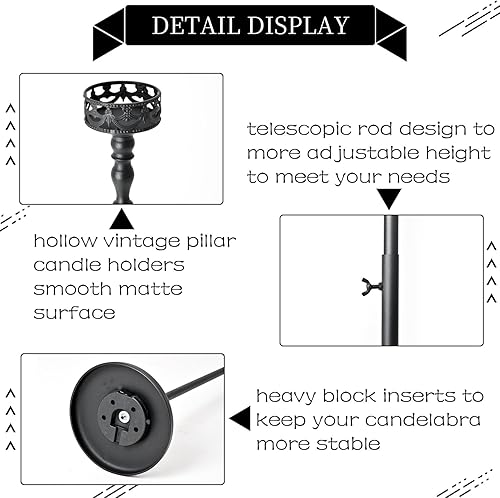 Miniatura 5 de VINCIGANT Portavelas de piso para mesas, 3 portavelas negro para velas de pilar, juego de velas de metal mate para bodas, fiestas, hogar, velas para