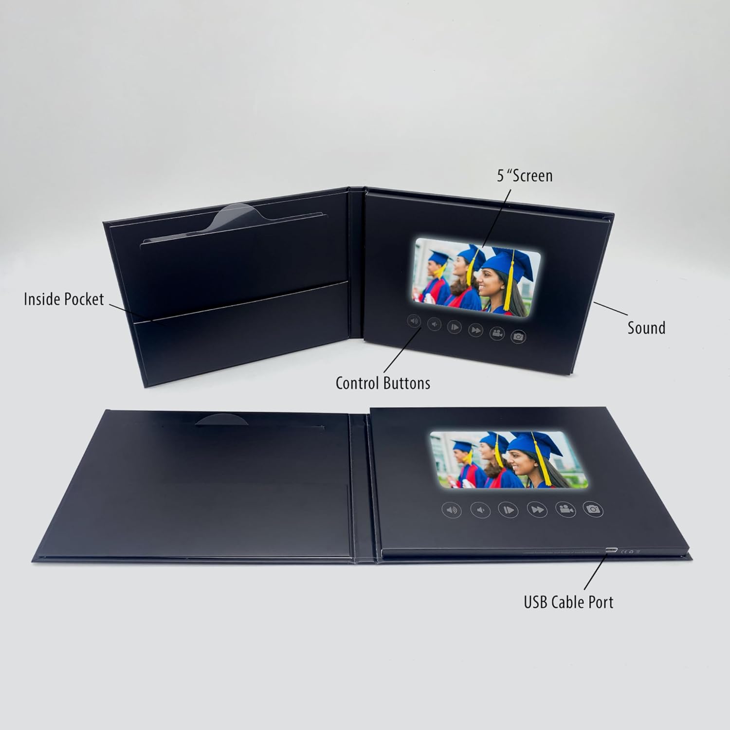 Movida 5"" Screen Video and Photo Book Luxury Hardbook Cover - Graduation, Wedding, Memory, Video Album Digital Book 5"" IPS Display, 2 GB Memory, Rechargeable Battery, Hangs on Wall (Black), Small