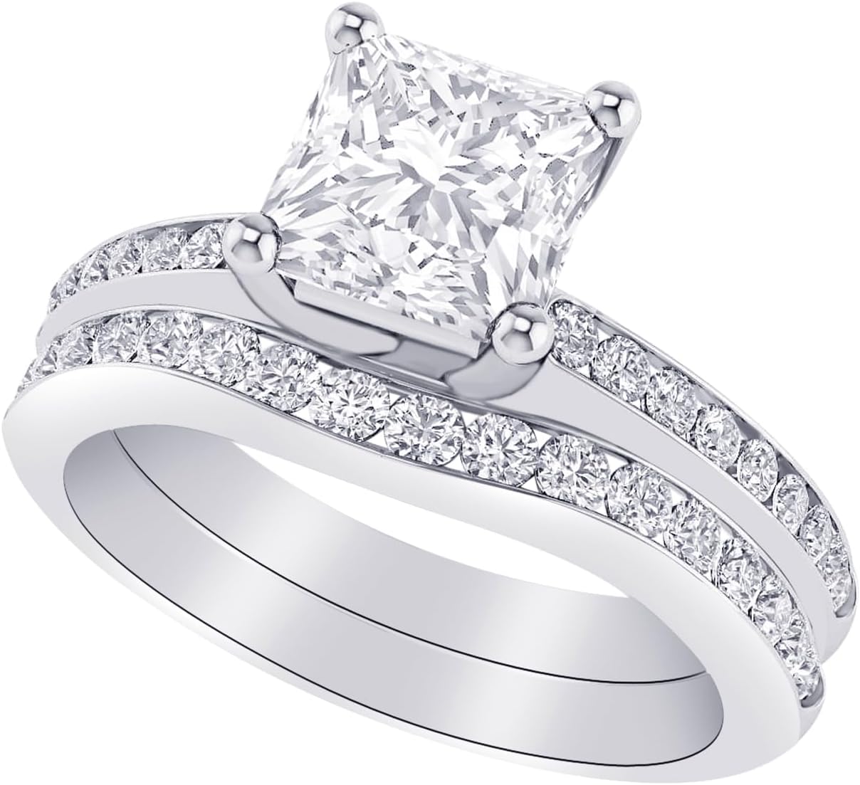 1-8 Carat (ctw) White Gold Princess Cut LAB GROWN Diamond Princess Cut Diamond Wedding Bridal Set (Color H-I Clarity VS1-VS2)