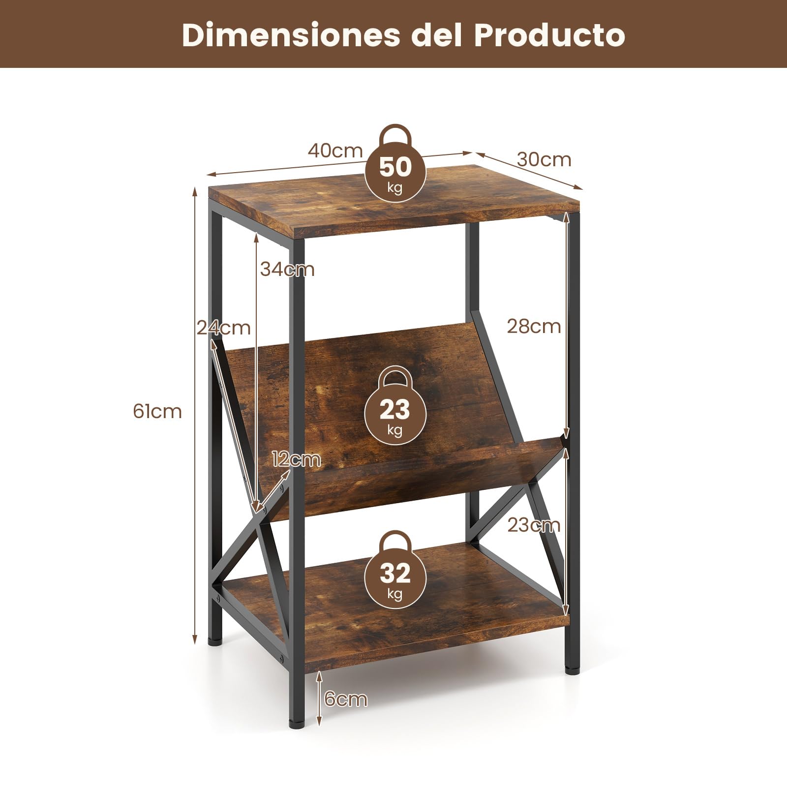 COSTWAY Mesa Auxiliar de 3 Niveles, Mesa Tocadiscos con Revistero para Vinilos Pequeños y Medianos, Marco de Metal en Forma de X y Almohadillas Ajustables, Mueble Tocadiscos Vinilos, 40 x 30 x 61 cm