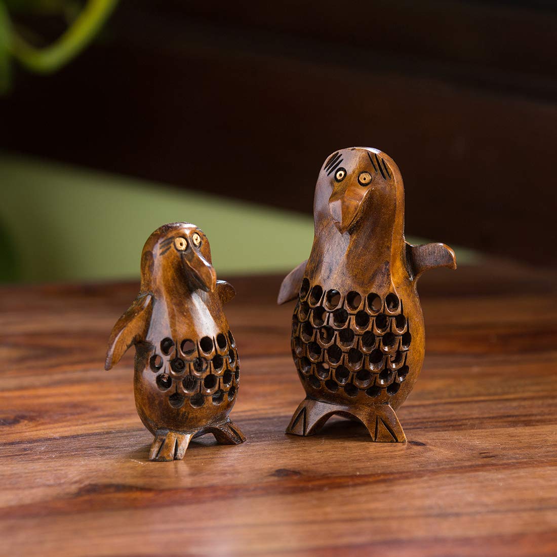 ExclusiveLane 'The Playing Penguins' Home Decoration Living Room Hand Carved & Hand Painted Curios Wooden Showpieces (EL-025-048_Brown)