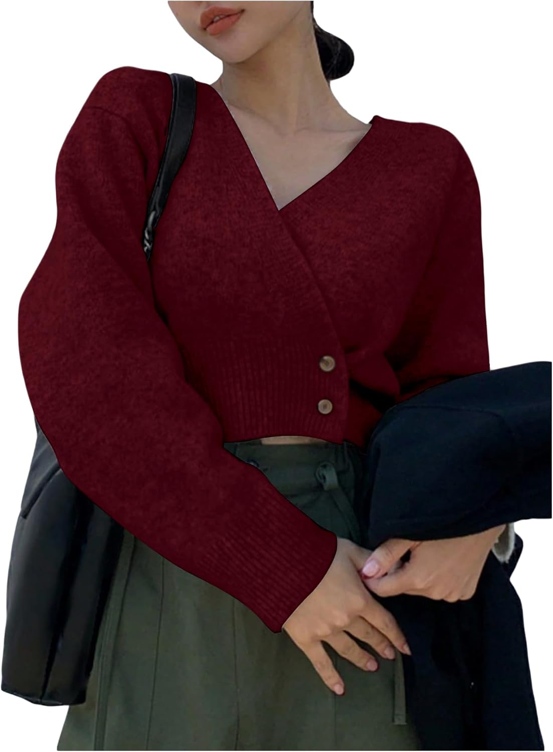 WDIRARA Women's Wrap V Neck Sweater Button Front Long Sleeve Crop Knitted Top