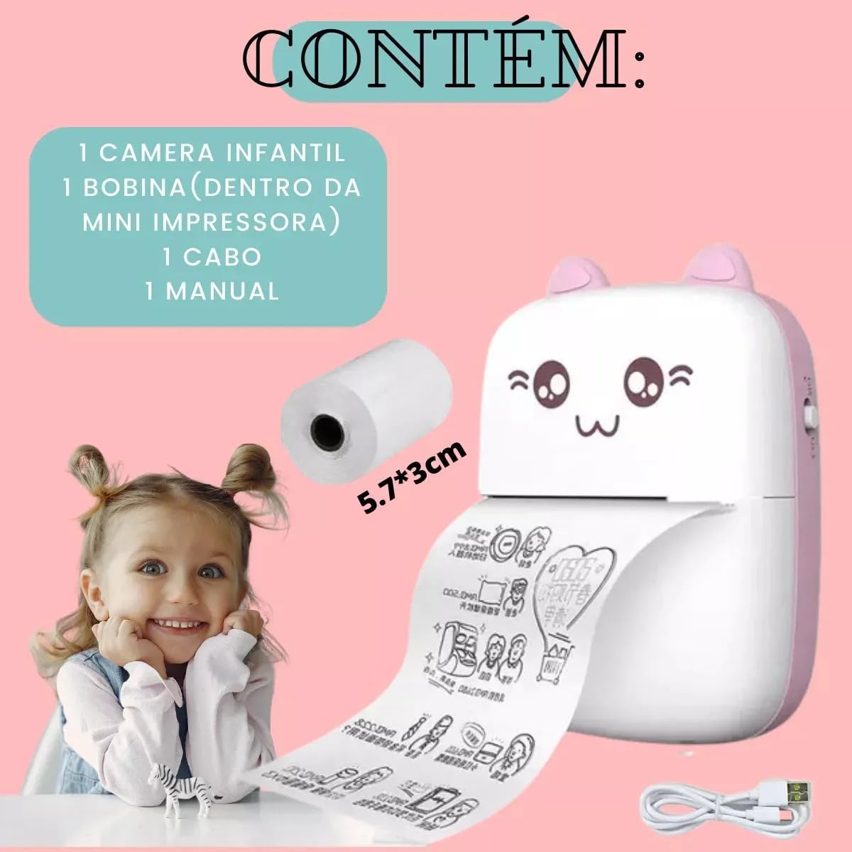 Mini Impressora Térmica Portátil, Bluetooth Sem Fio, Impressão de Fotos, Etiquetas, Lembretes e QR Code, Compatível com Android e iOS (Rosa)
