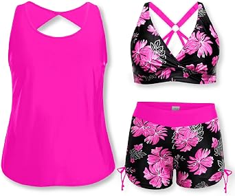 Holipick Women 3 Piece Plus Size Tankini المايوه Tummy Control بدلات الاستحمام مع حمالة الصدر الرياضية مع سراويل قصيرة