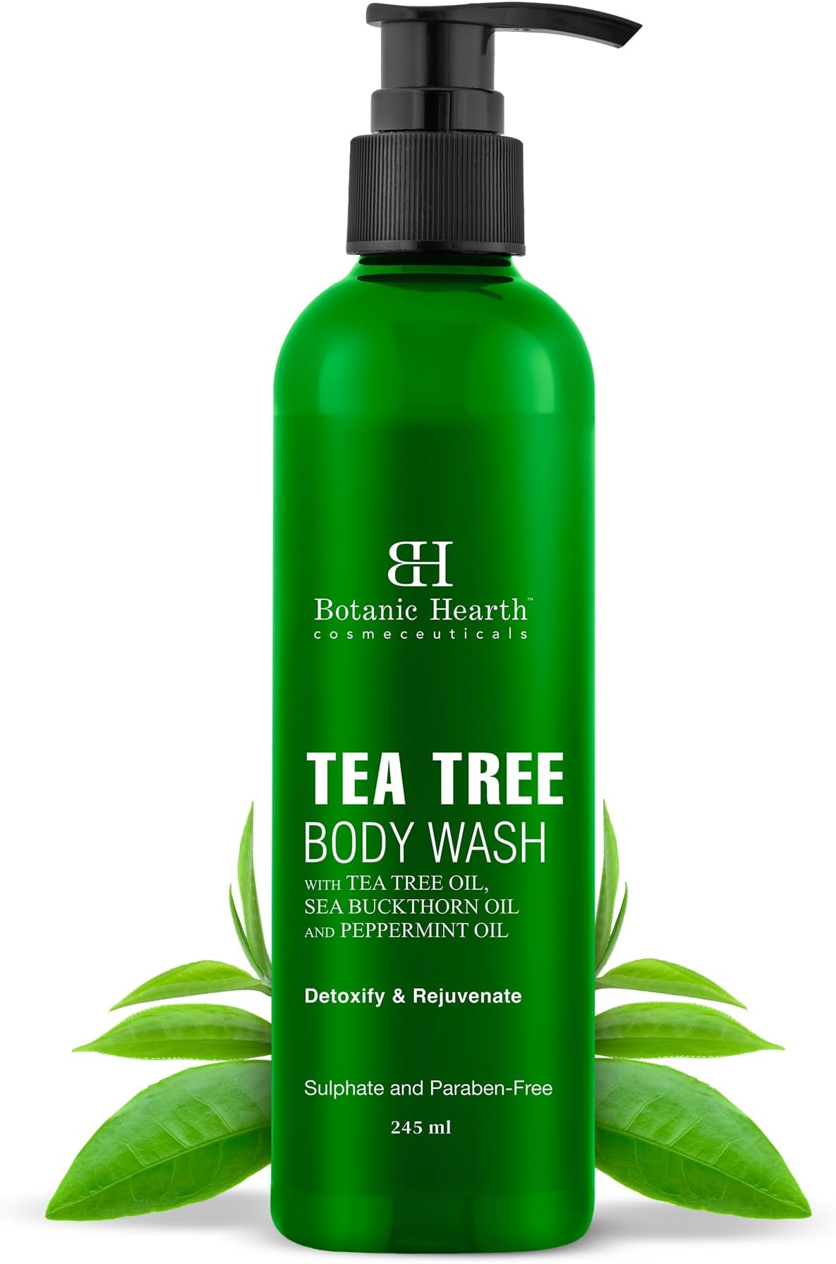 Botanic Hearth Tea Tree Body Wash with Sea Buckthorn Oil , Peppermint Oil | Detoxifies & Rejuvenates | Long Lasting Fragrance | Sulphate & Paraben Free | Shower Gel for Men and Women | 245ml