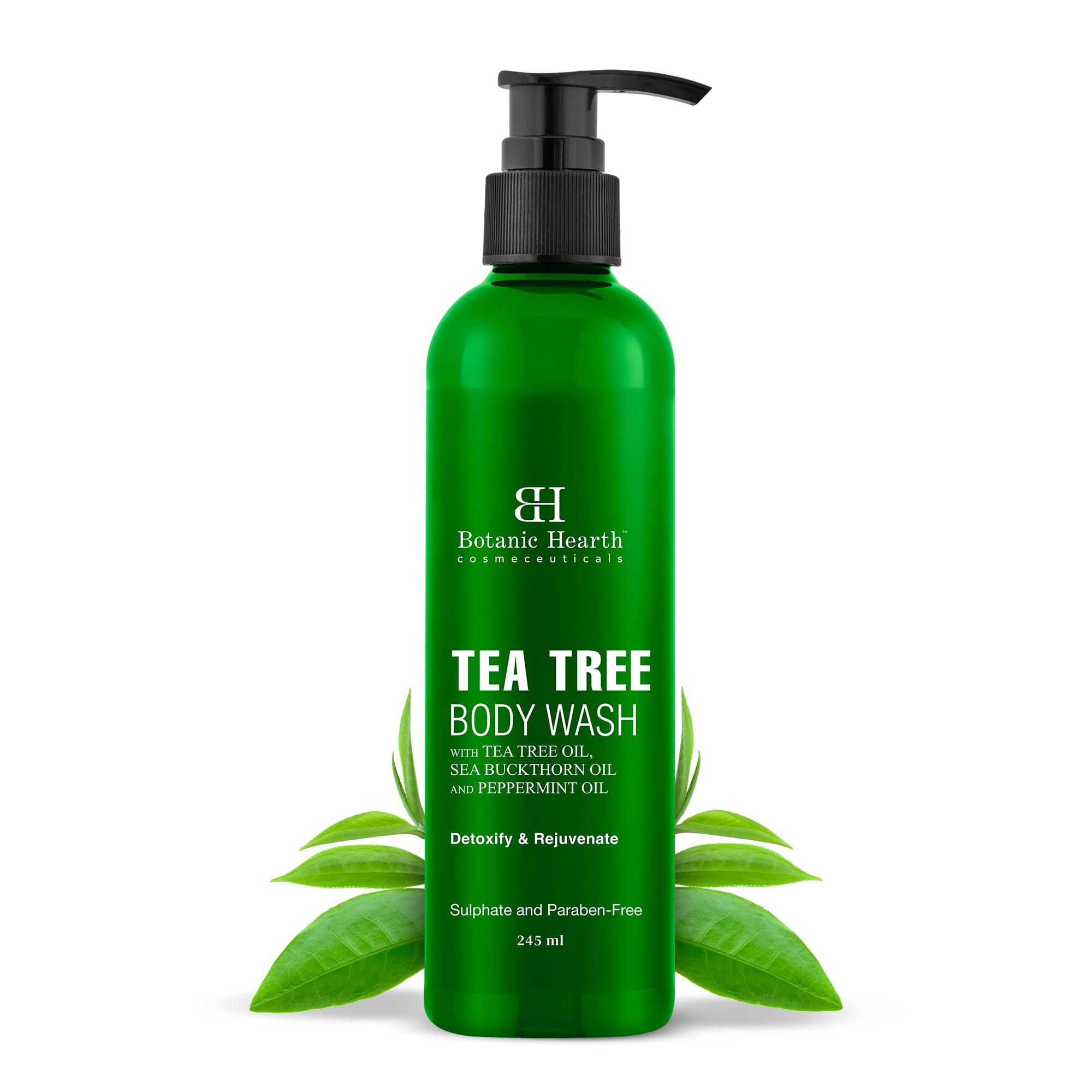 Botanic Hearth Tea Tree Body Wash with Sea Buckthorn Oil , Peppermint Oil | Detoxifies & Rejuvenates | Long Lasting Fragrance | Sulphate & Paraben Free | Shower Gel for Men and Women | 245ml