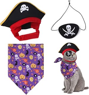 3 Pieces Pet Pirate Costume - Hallowee Pet Pirate Hat Pirate Skull Triangle Bandana Halloween for Dogs Cats with Skull Hat Pirates Party (Purple)
