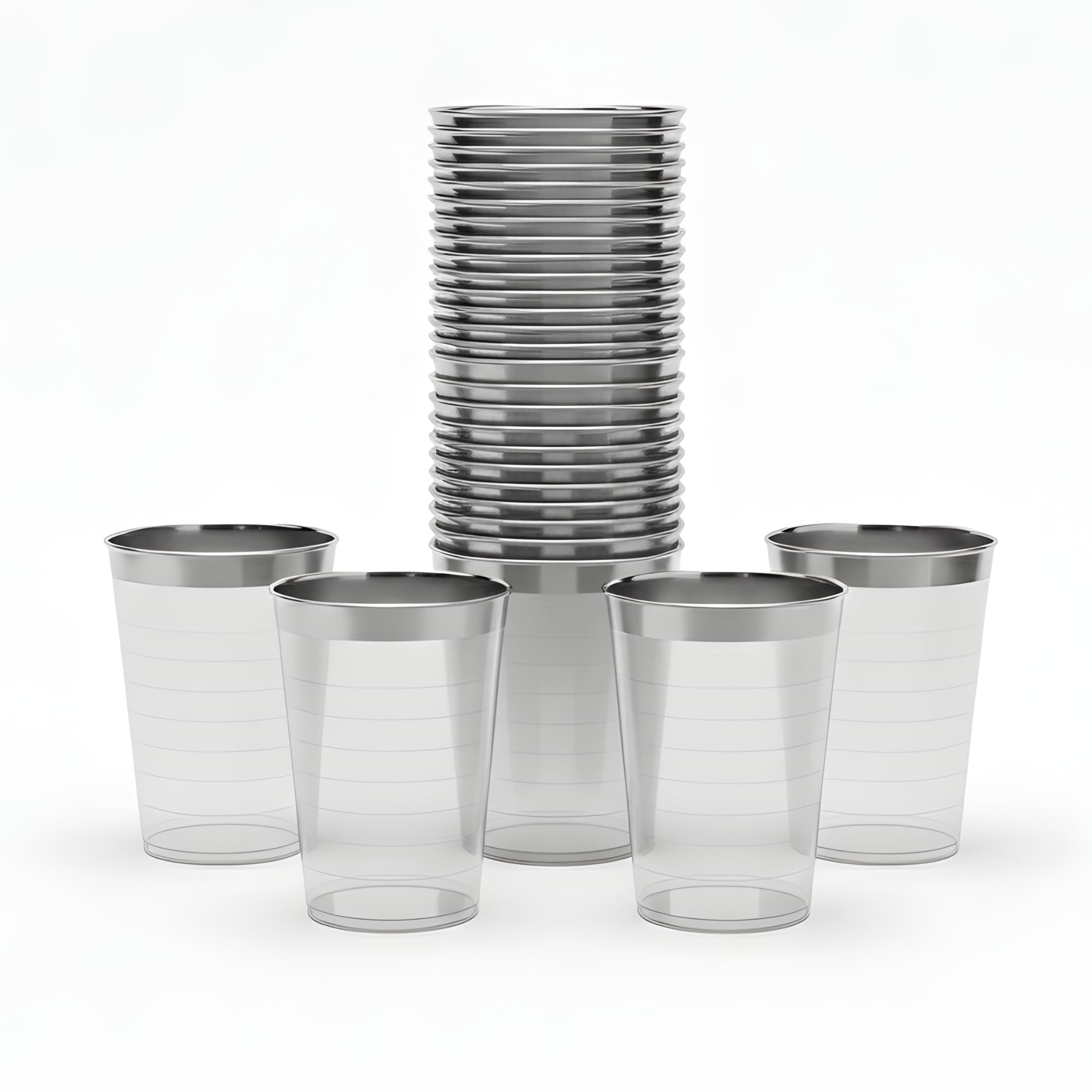 Playlearn Luxia 20-Pack Silver Rim Plastic Cups 10oz Clear, Durable Disposable Tumblers for Wedding, Cocktails & Elegant Parties