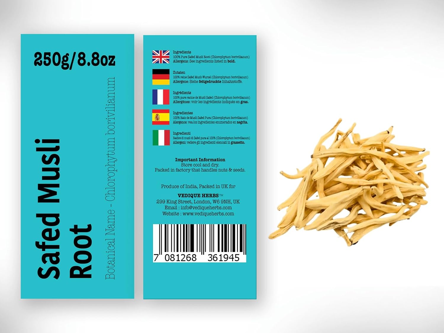 Safed Musli Root (Chlorophytum borivilianum) - 250g (8.8oz) | Raw, Crude, Dried | T-Cut | Premium Grade