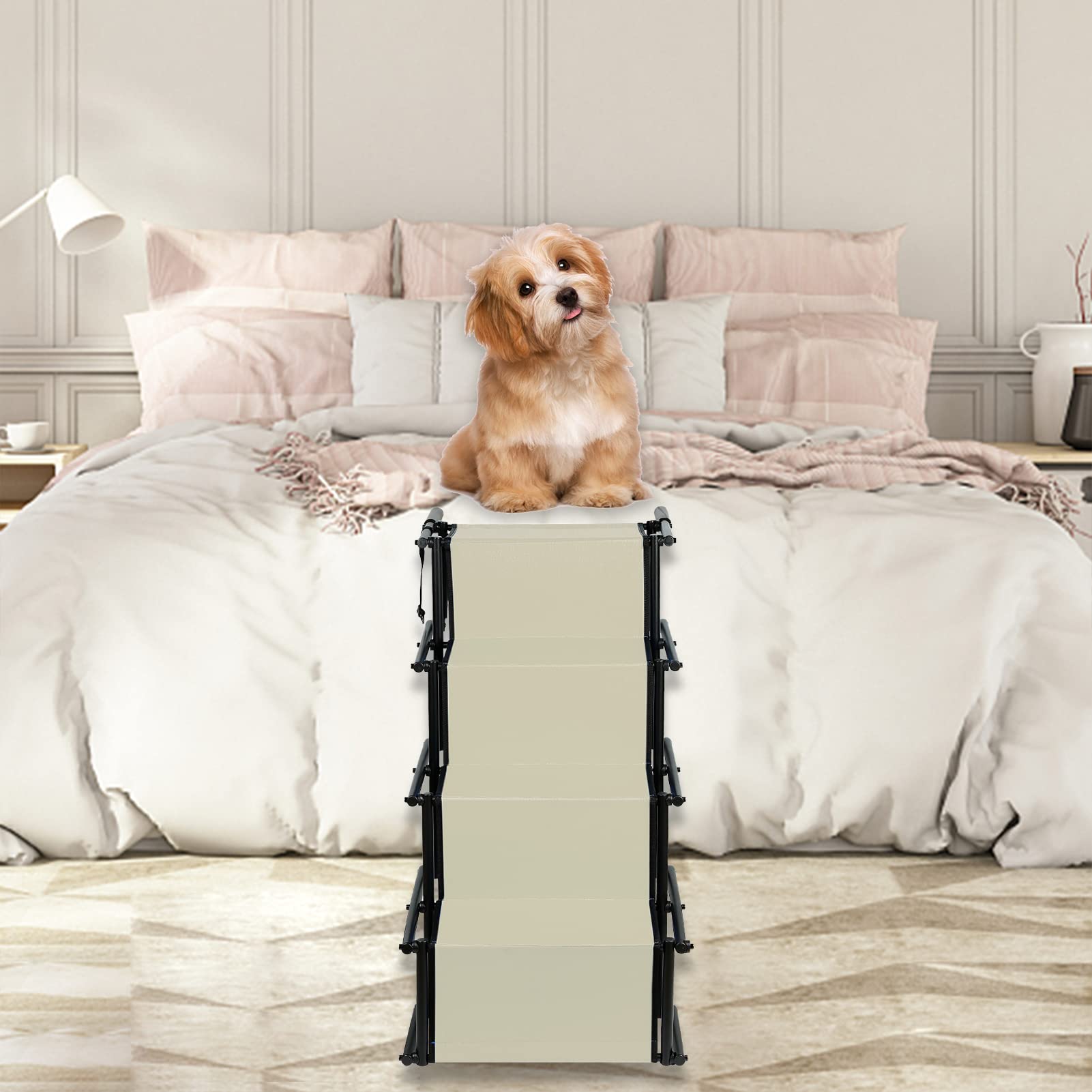 Rampa para perros, escaleras para perros, coches, grandes y pequeños, escaleras para perros plegables, carga hasta 70 kg, rampa para perro, coche, plegable, 56-76 cm (Beige)