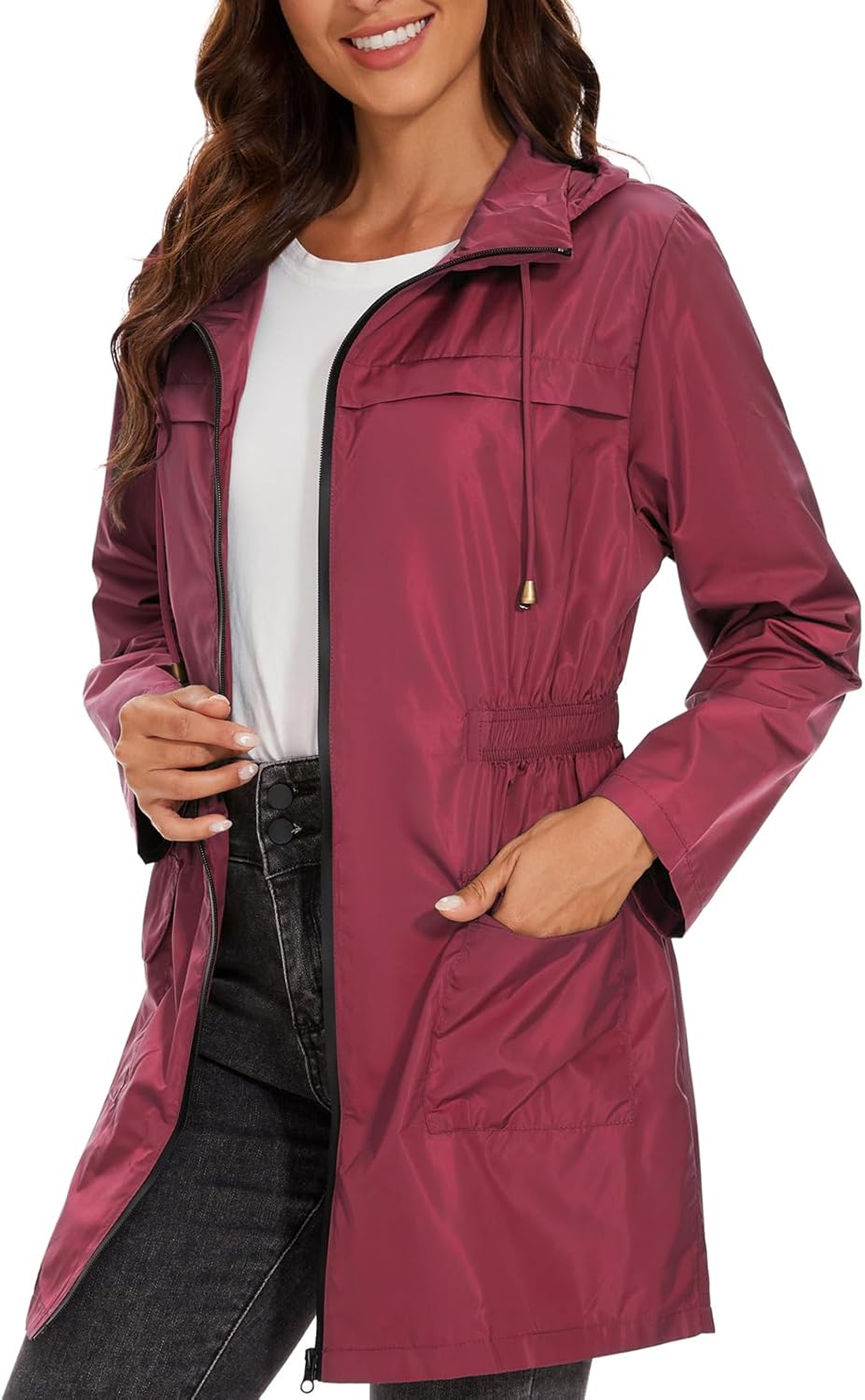 American Trends Rain Jacket Women Waterproof with Hood Windbreaker Jacket Travel Rain Coat Packable Lightweight Long Raincoat - Image 6