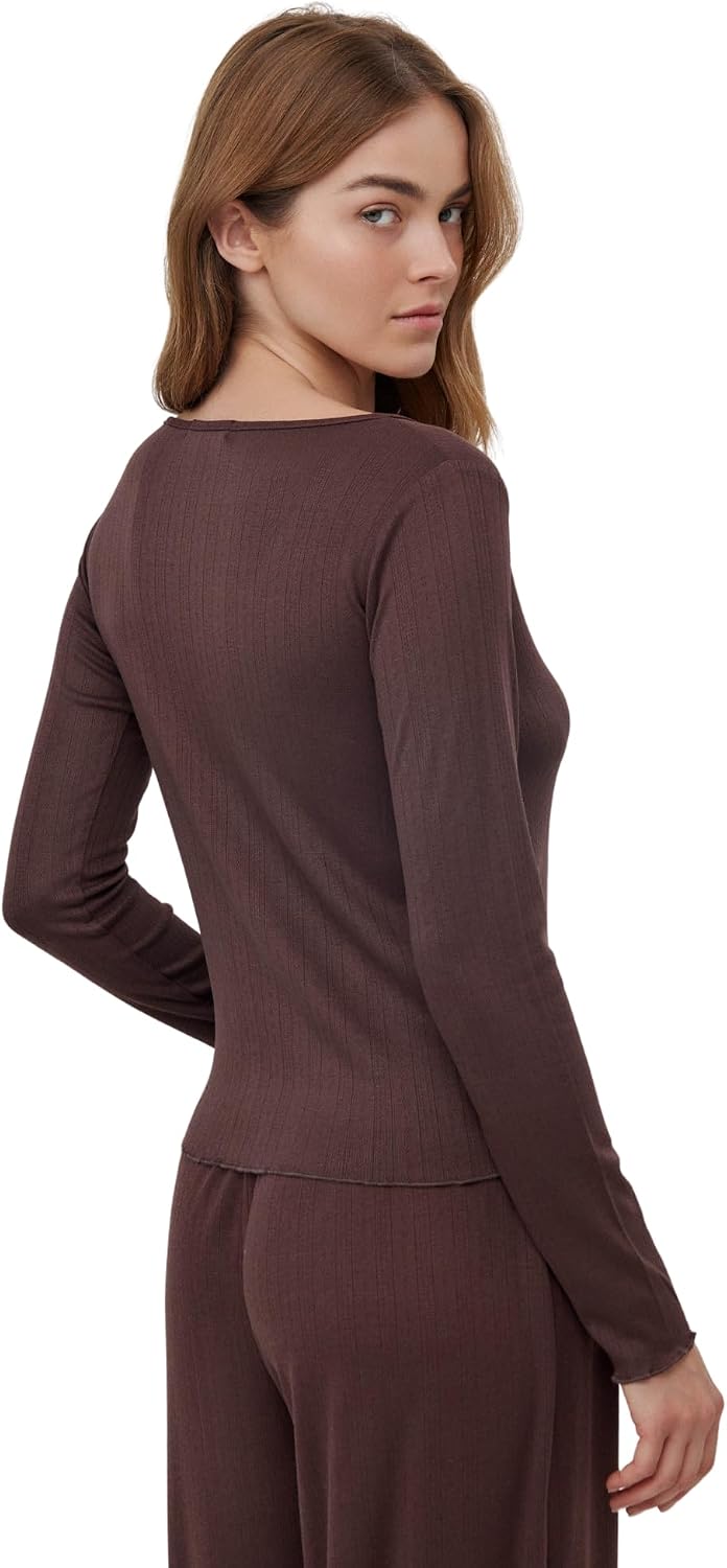 Gottex Beach Life Daydream Pointelle Loungewear Top - Front Button Closure, V Neck, Lettuce Hem Edge, Long Sleeved