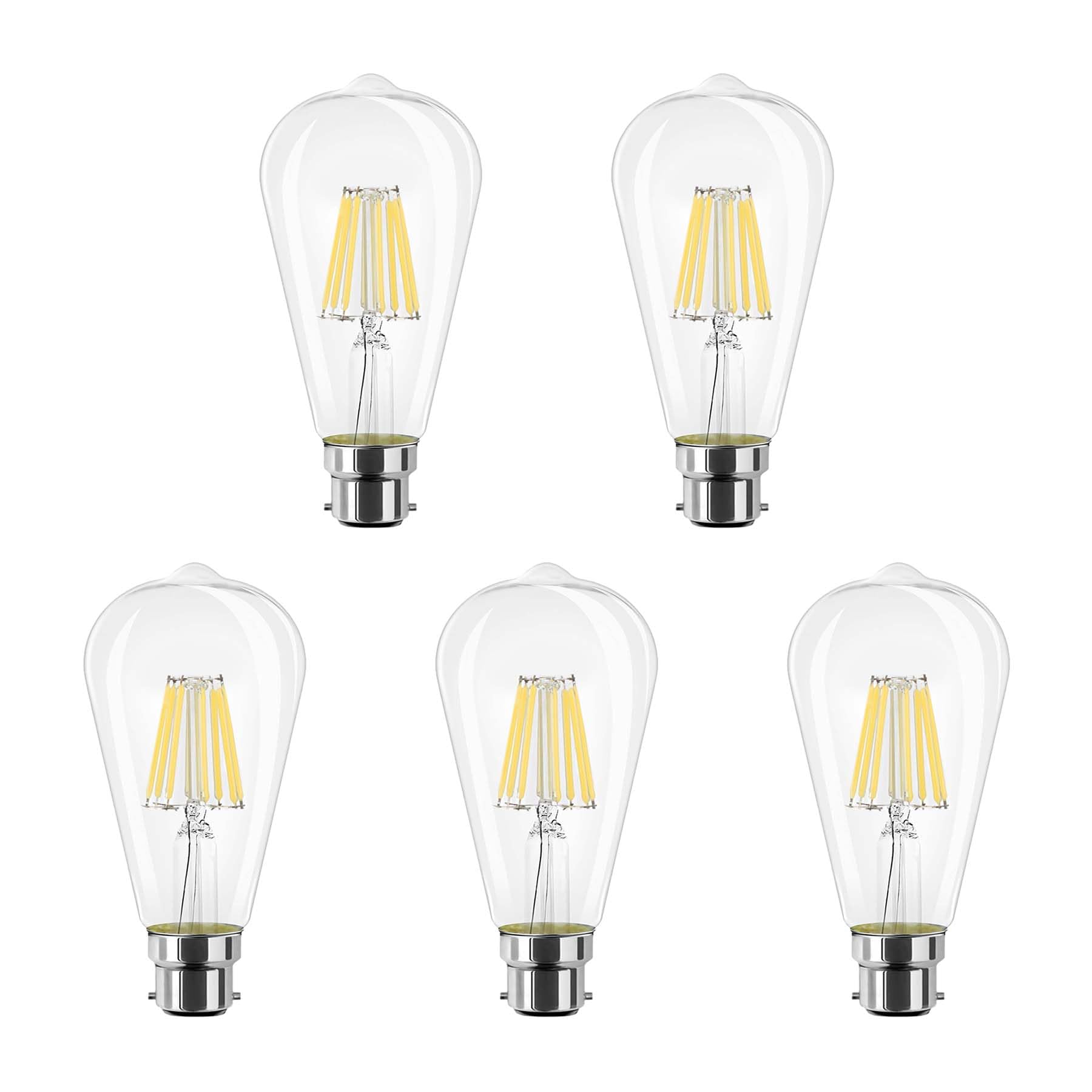 G.W.S® LED Filament Bulb, ST64 B22 Bayonet, LED Pear Bulb, 8W Dimmable Warm White 2700K, Clear Glass, Pack of 5