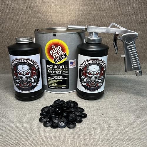 Fluid Film Black Gallon, Standard Economy Undercoating Gun, 2 Black Quart Bottles, and 50 Rust Plugs