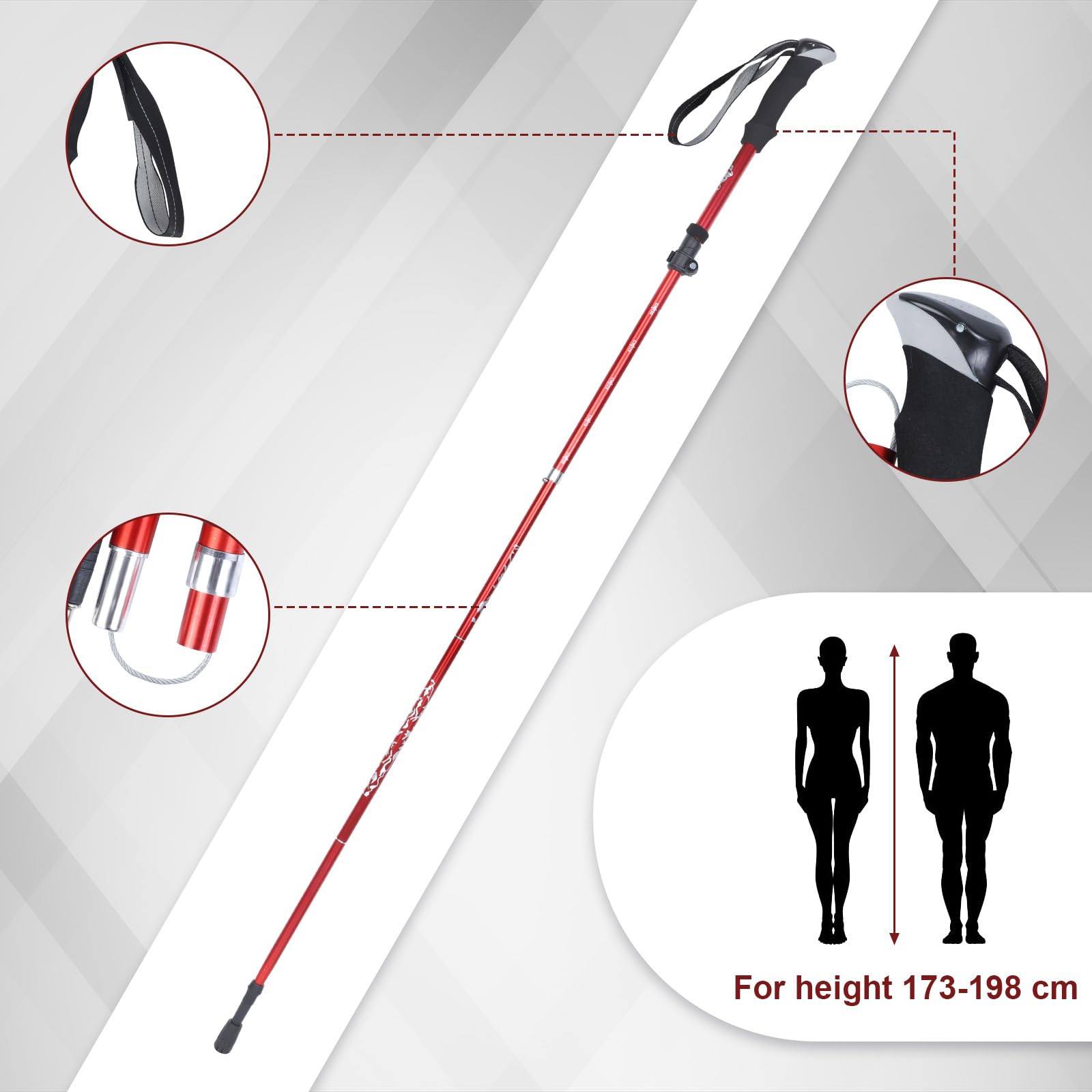 VINATO Bastoni da Trekking Pieghevoli, 2 Pezzi, Bastoncini Escursionismo in Lega di Alluminio 7075 Leggeri, Regolabili 110-130cm con Borsa da Trasporto, per Nordic Walking, Escursionismo, Rosso