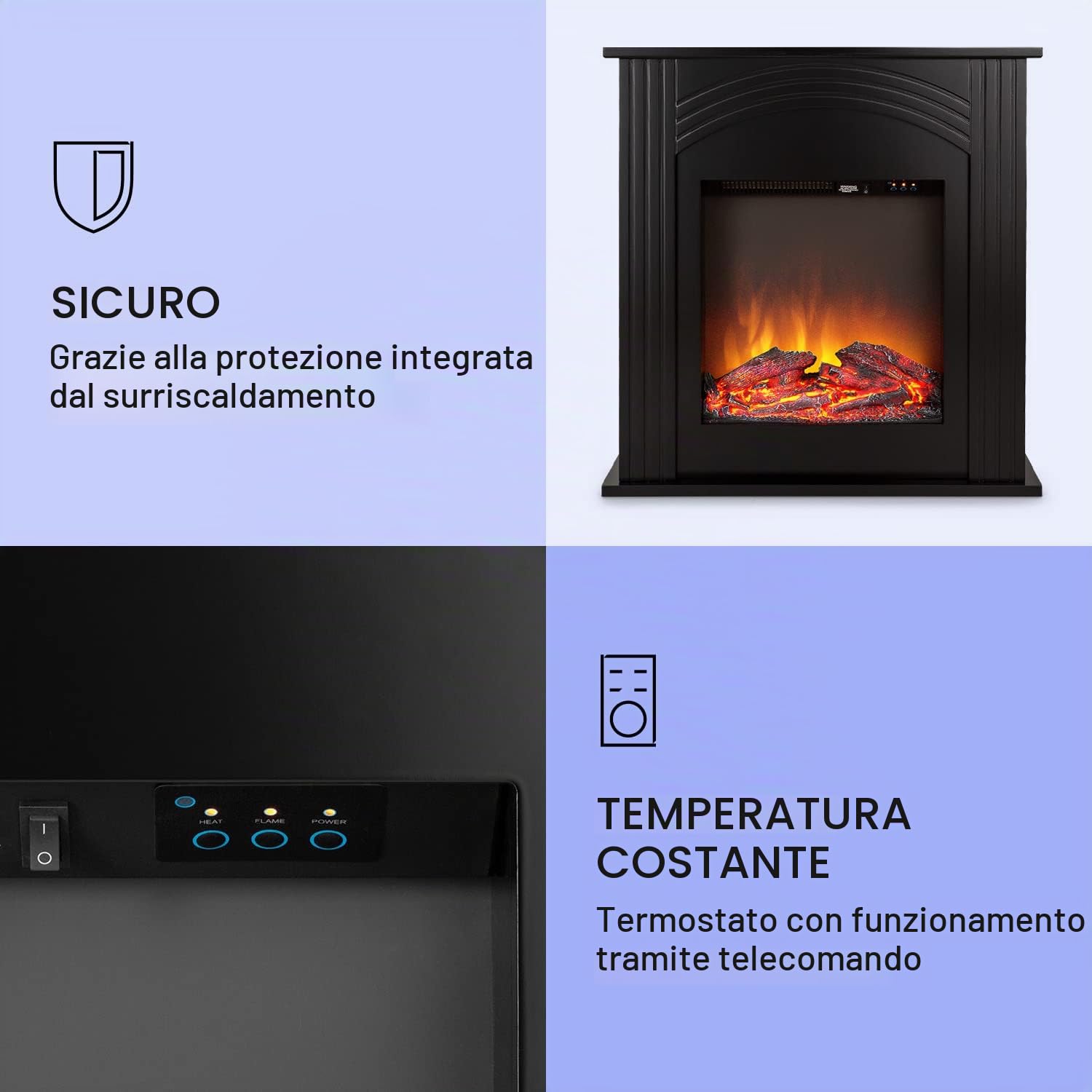 Klarstein Elbrus - Camino Elettrico, Caminetto con 2000 W, Tecnologia LED, Camino Finto con Telecomando, Nero