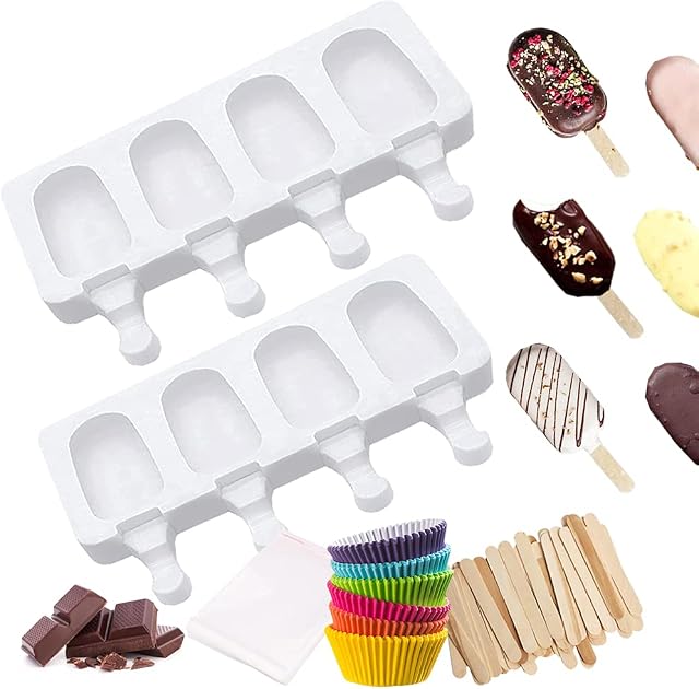 YINVA Cakesicles Silicone Mould 4 Cavity Cakesicle Moulds 2 Pack, Mini Cake Lolly Mould with 50 Wooden Sticks & 100 Cake Cups & 50 Self-Adhesive Bags for DIY Ice Cream for Kid