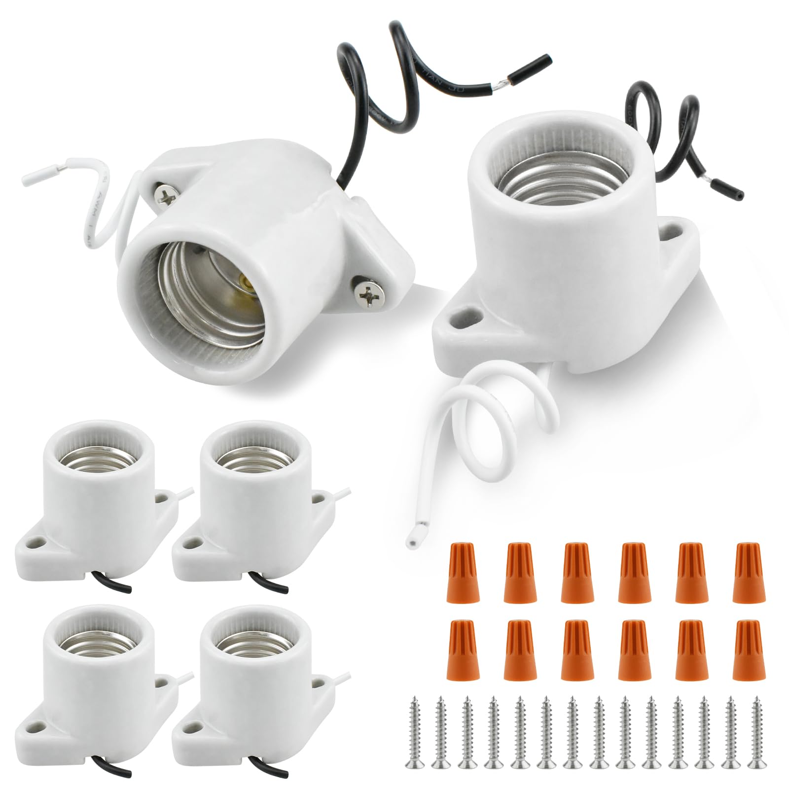 6 Pcs Porcelain Lamp Holder Socket, E26 Medium Base Keyless Light Bulb Holder Screw Threaded Base with Two Hole Flange Mounting and 6" Leads for LED