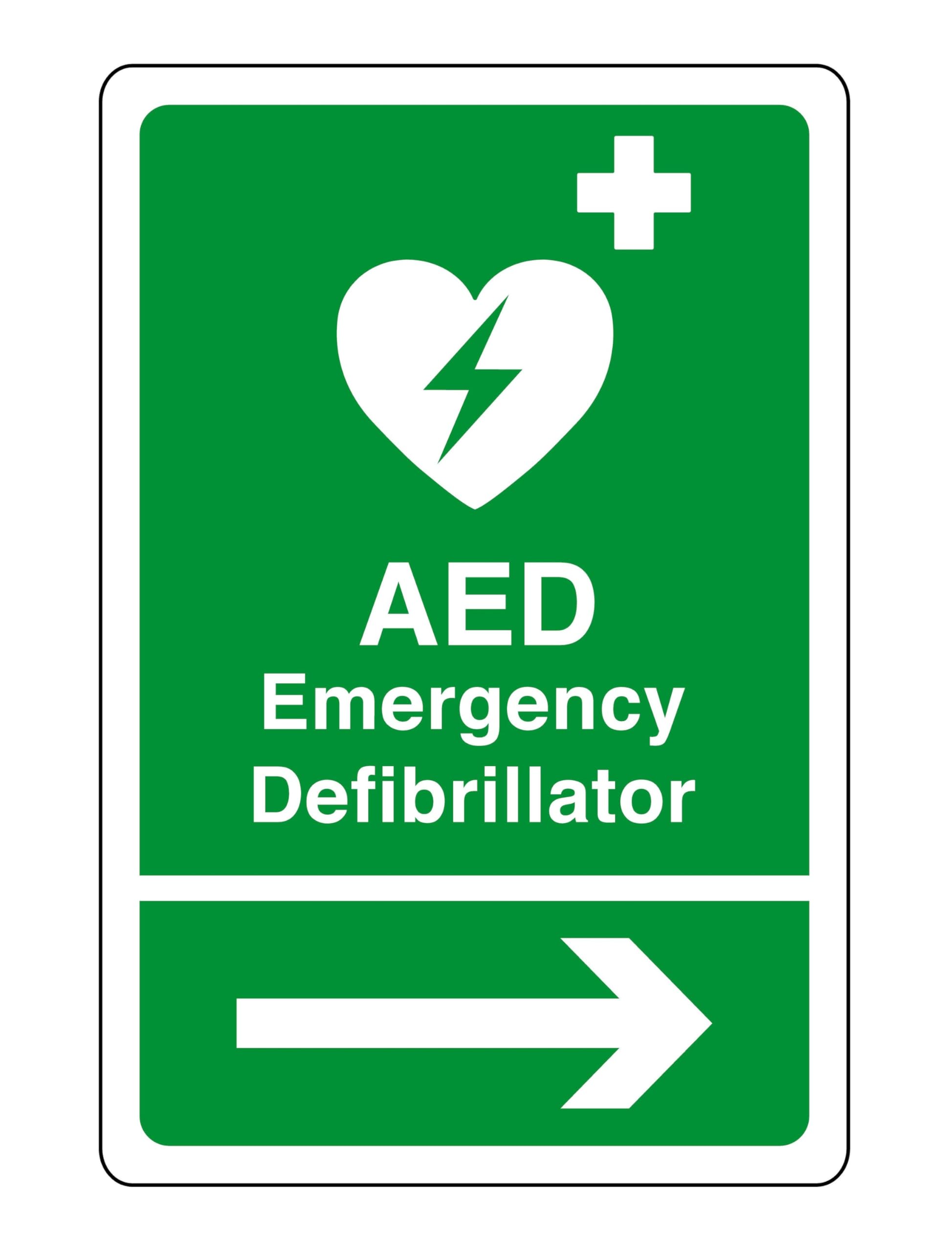 AED Emergency Defibrillator arrow right safety sign - 1.2mm Rigid plastic for indoor/outdoor usage (400mm x 300mm) Viewing Distance within 14m.