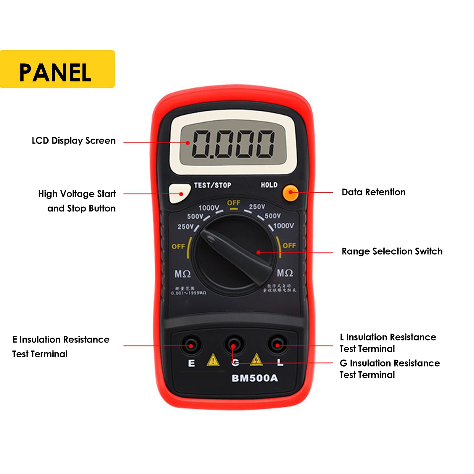 BM500A Digital-Isolationswiderstandstester – 1000V, LCD, 0,001–1999 MΩ, Abs-Material
