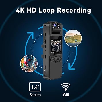 64GB Included, 4K UHD 30FPS Recording,1.4 in Screen Recorder,Body Cameras,Wearable Body Cam,6HR Battery Life, for Outdoor Riding,Home,Sports,Pet Records,Security,Travel Records, JS-06B-2