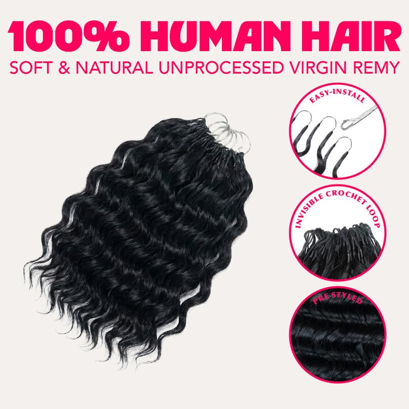 100% Unprocessed Remy Human Hair Feather Crochet Extensions for Women – Reusable, Invisible Knotless Feather Hair - Deep Wave - Natural Black