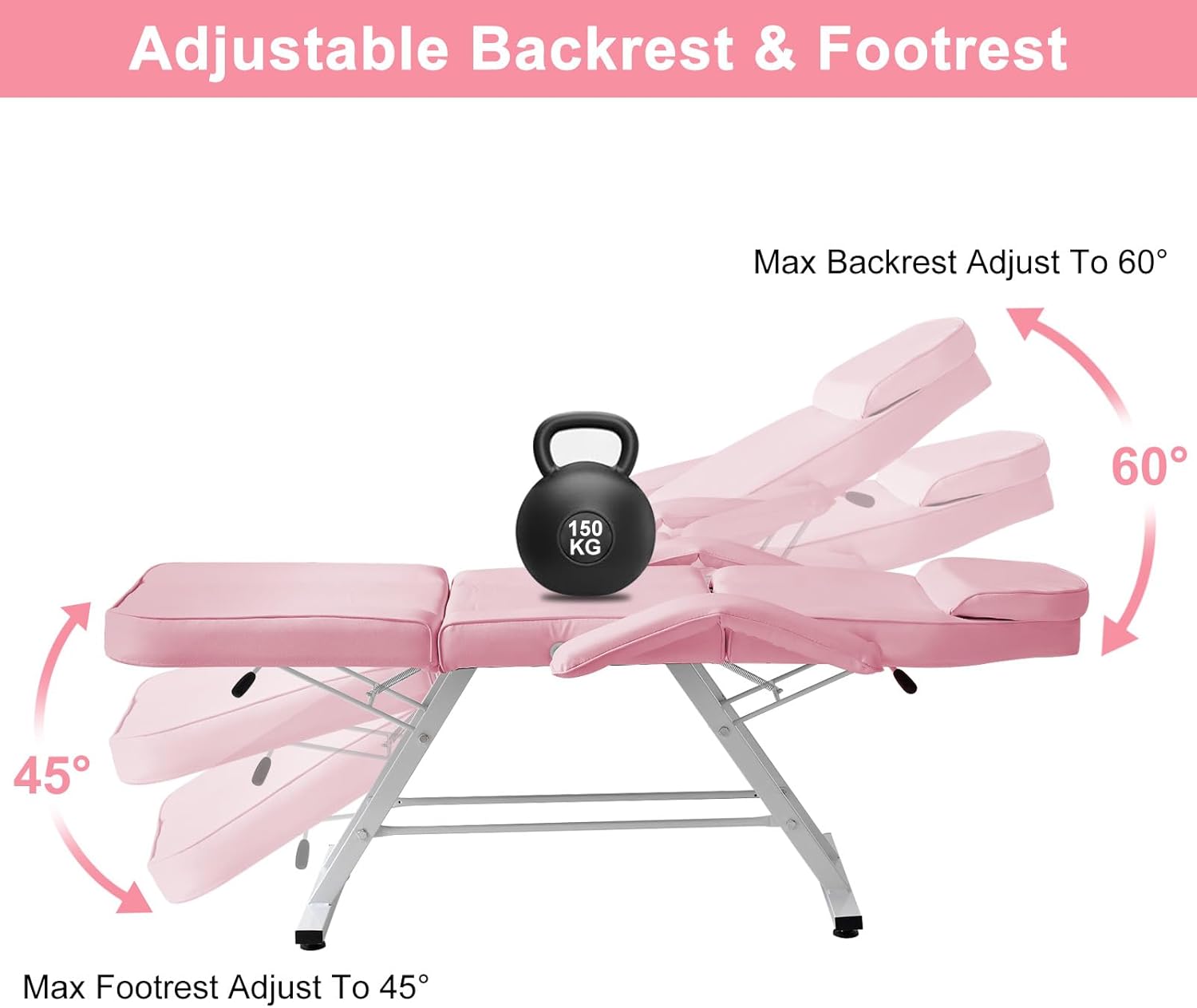 Tattoo Chair 3-Section Adjustable Salon Table with Head Cushion and Stool, Facial Chair Massage Bed, Max Weight Capacity 330lbs (Pink)
