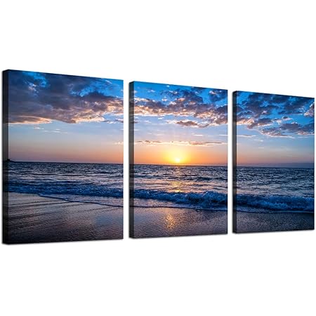 Amazon.com: Wieco Art 3 Piece Seascape Canvas Prints Wall Art Sunset ...