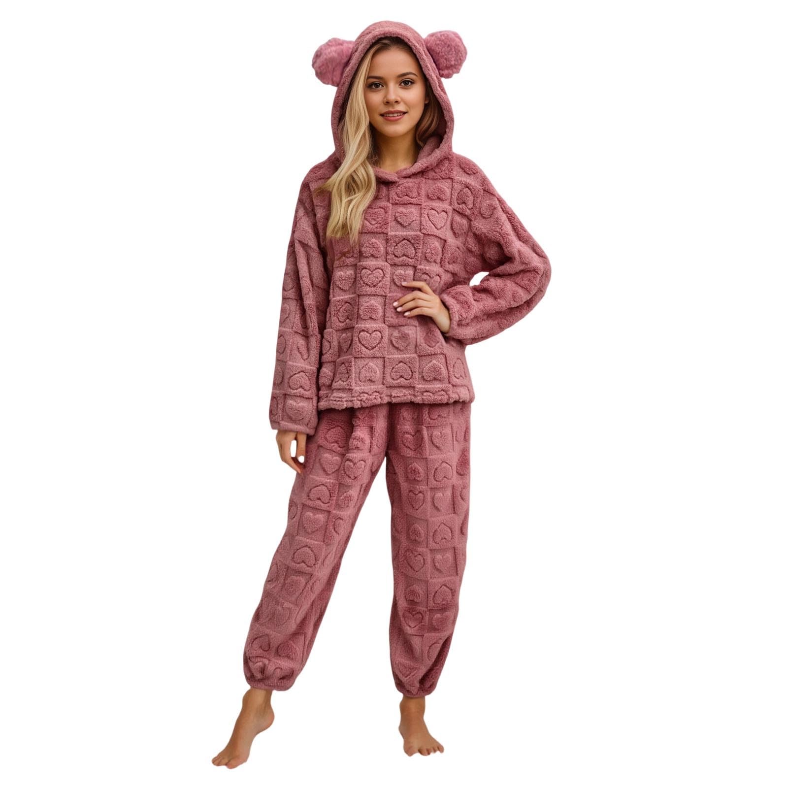 Generisch Pijama largo de franela para mujer, con forro polar, térmico, de manga larga, de rizo, de dos piezas, ropa de dormir cómoda con orejas adorables