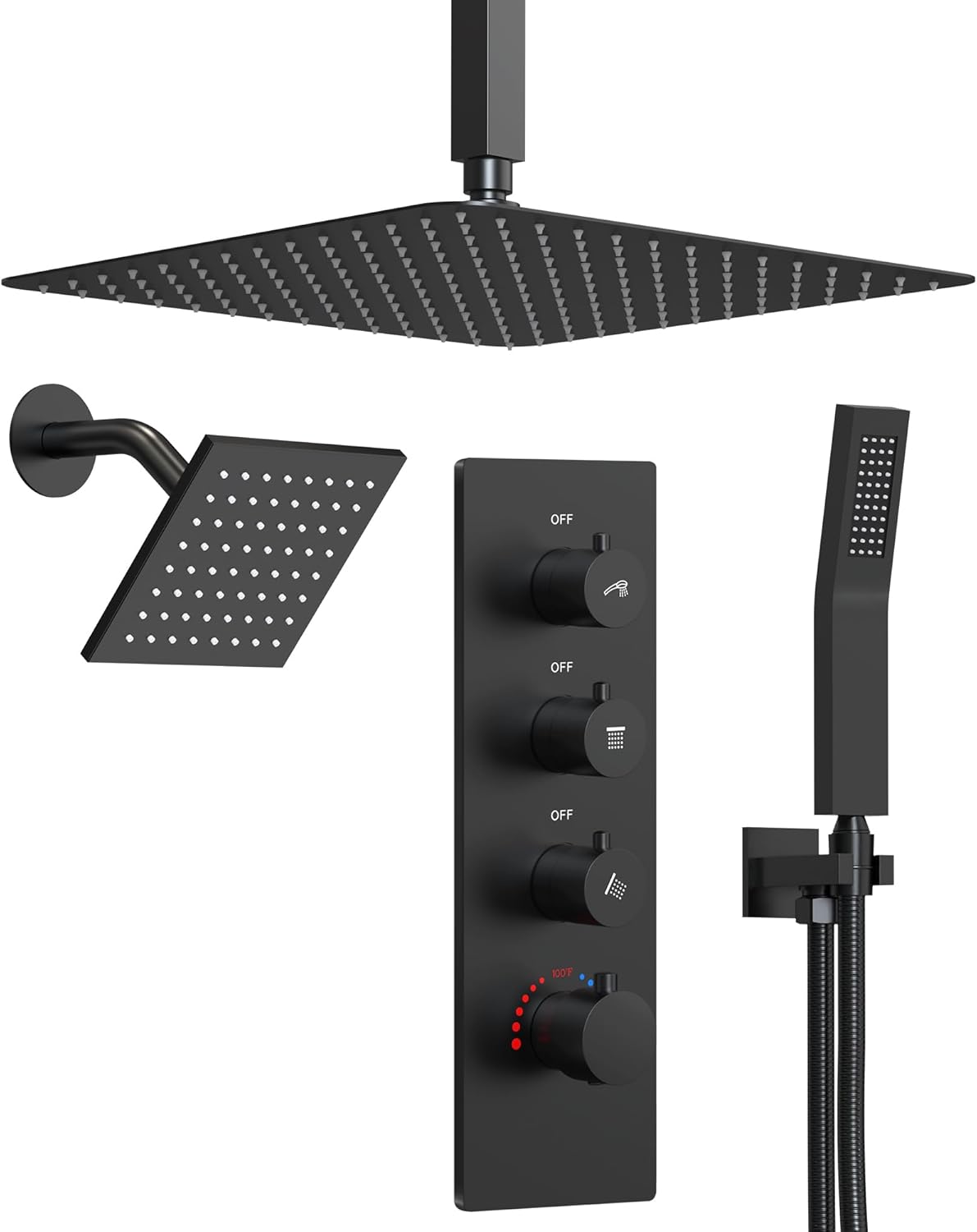 Dual Rainfall Shower System: Bathroom Ceiling Mount 16" Shower Head & 6" Shower Head with Handheld Sprayer, Shower Faucet Set with Valve, Matte Black