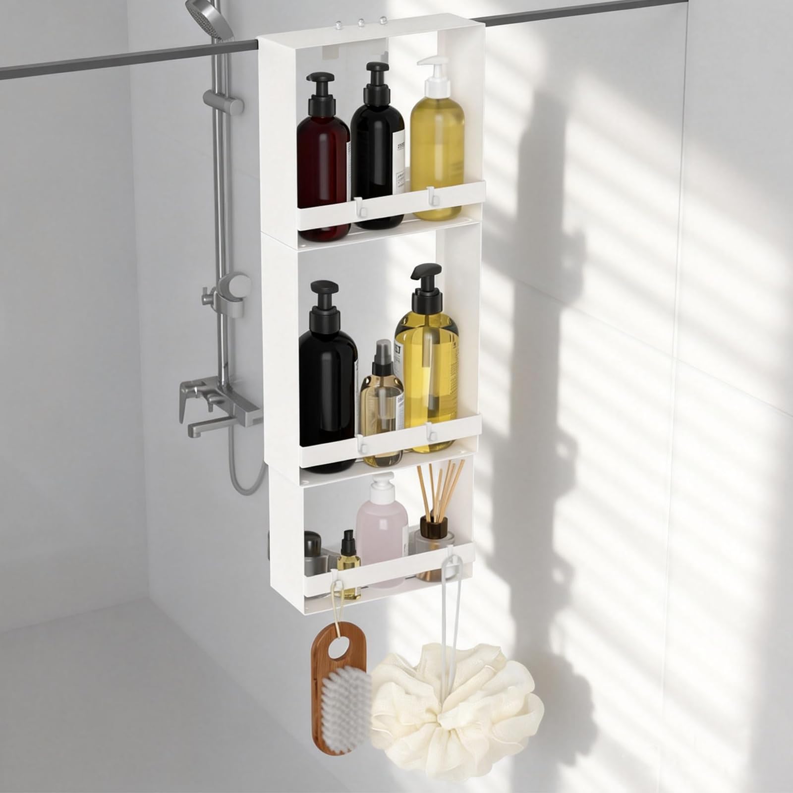 Over the Door Shower Caddy Hanging 3 Tier Stainless Steel Hanging Shower Caddy with 8 Hooks 4 Suction
