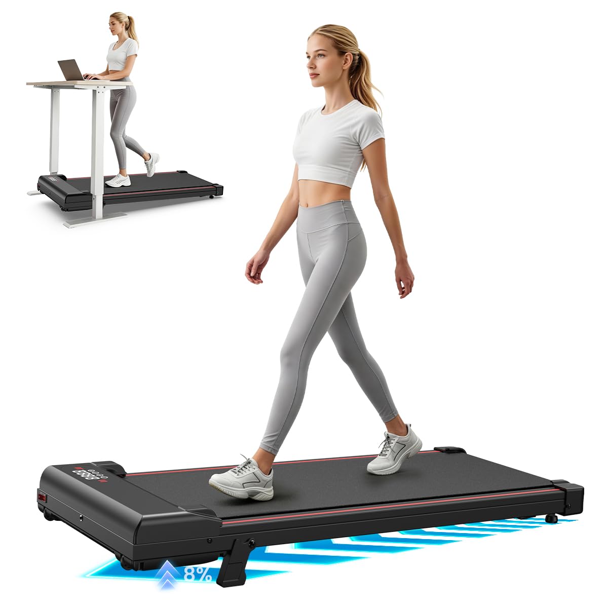 Tapis de Course Pliable & Marche 3 en 1 avec Pente 7% – Tapis Roulant sous Bureau Silencieux (Moteur 2,5CV, 1-8 km/h) – Charge 130kg, Système Anti-Choc – pour Maison & Appartement