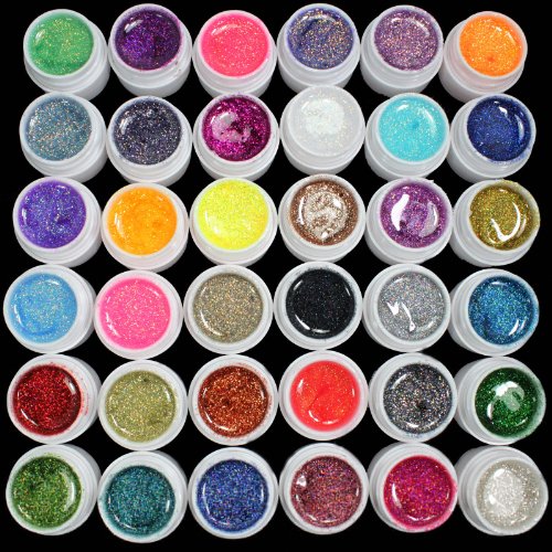 Professional Uv Color Builder Gel False Tips Acrylic Nail Art Set for Beauty Salon Shop, 12 24 28 36 Mixed Color Pure Solid Glitter Shiny Dust Powder Hexagon for Choose (36 Glitter Color)