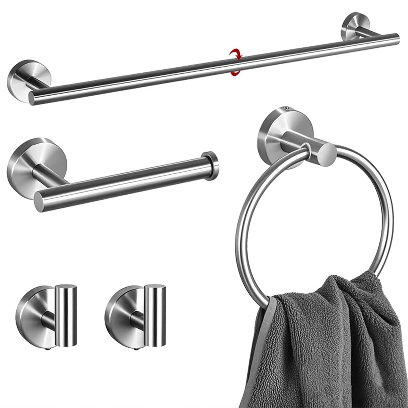 Juego Accesorios Baño Portarrollos Papel Higiénico Negro | Anillo para Toalla Herrajes Acabado Dorado Cepillado,Soporte para Toalla Mano Ganchos Batas Montaje Pared(Silver)