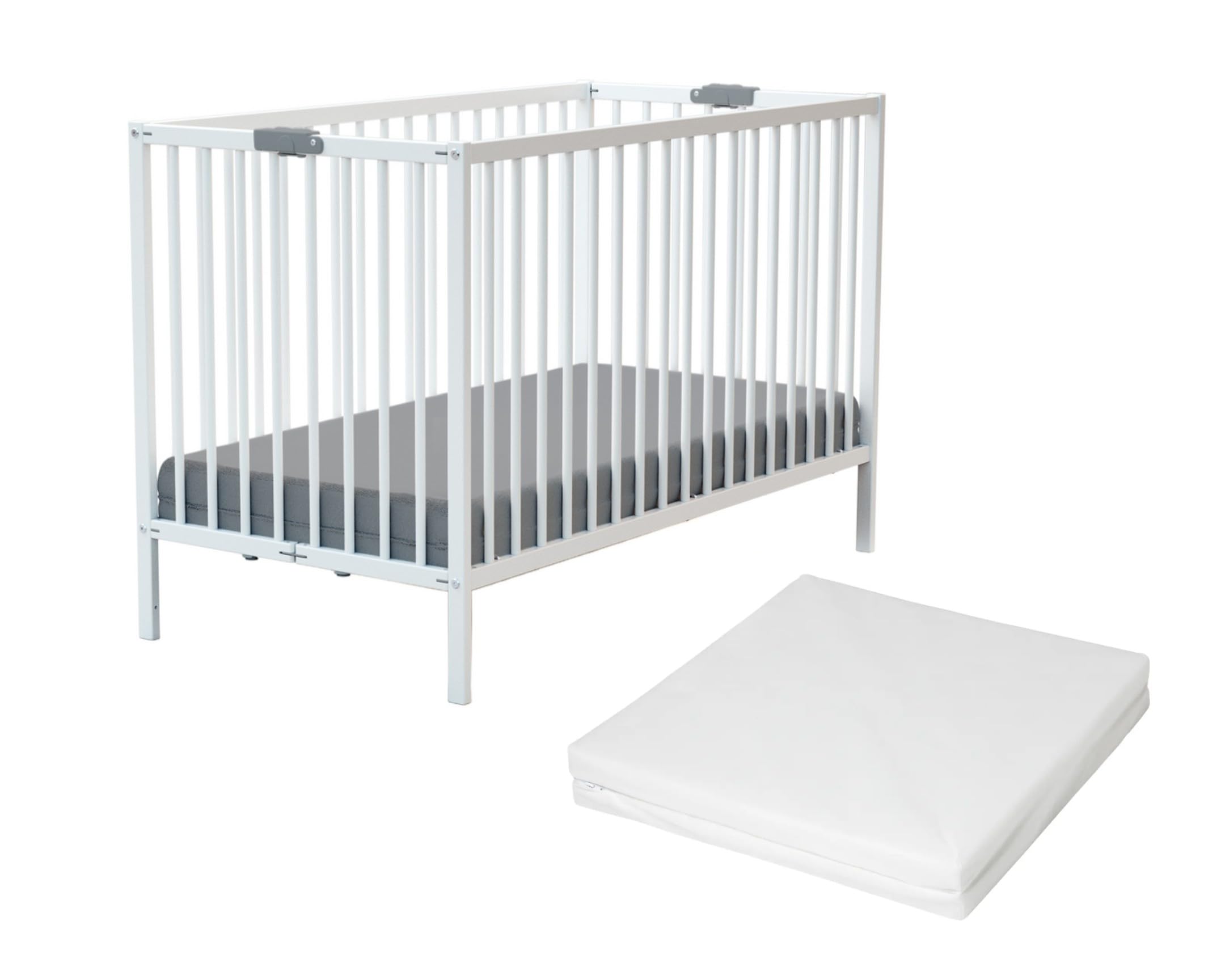 WEBABY - Składane drewniane łóżeczko dziecięce z materacykiem Białe 60 x 120 cm | Od urodzenia | Podstawa z listew | Kompaktowy | Przenośne | Składany |Oszczędność miejsca | Łóżeczko