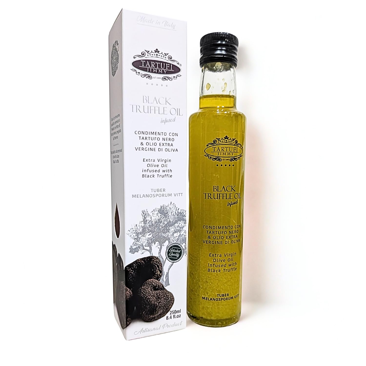 Huile d’Olive Extra Vierge à la Truffe Noire de Qualité avec Coffret - 250ml | Fabriqué en Italie | Condiment Gourmet avec Truffe Noire en Tranches