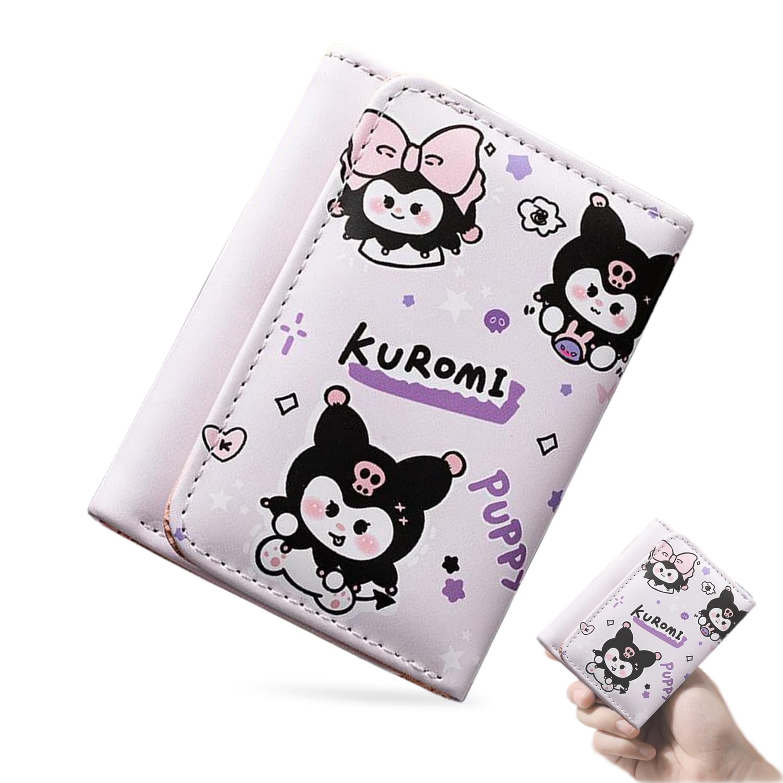 Wallet for Girls, Cute Kuromi Tri-Fold Mini Purse, Small Wallet for Women, Sanrio Kawaii PU Leather Coin Bag, Stylish Gift for Teen Girls and Young Women (Purple)