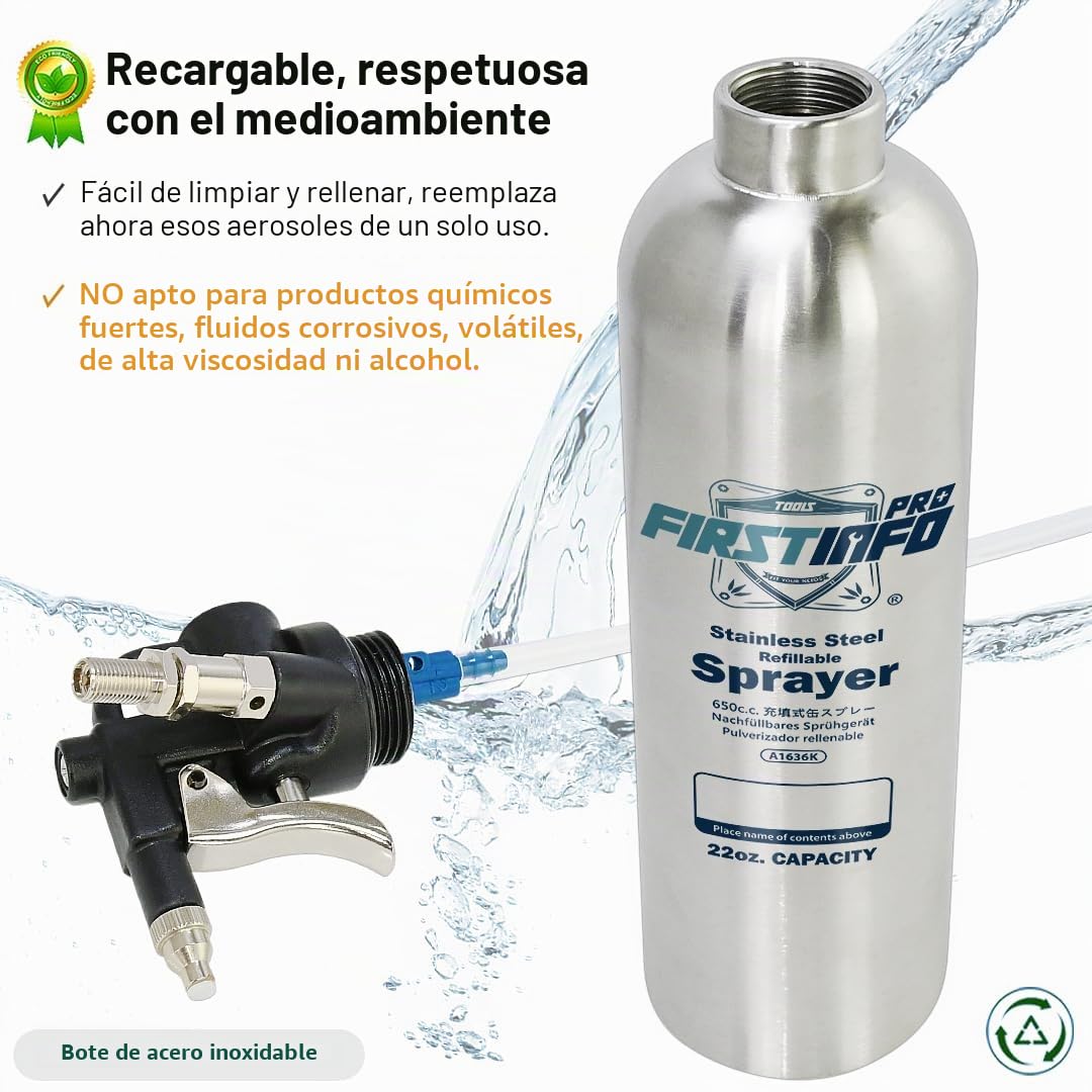 FIRSTINFO A1636K | Pulverizador recargable de acero inoxidable 650 ml para limpiador de frenos | Presión máxima 110 psi | Lata tipo aerosol reutilizable con 4 boquillas intercambiables