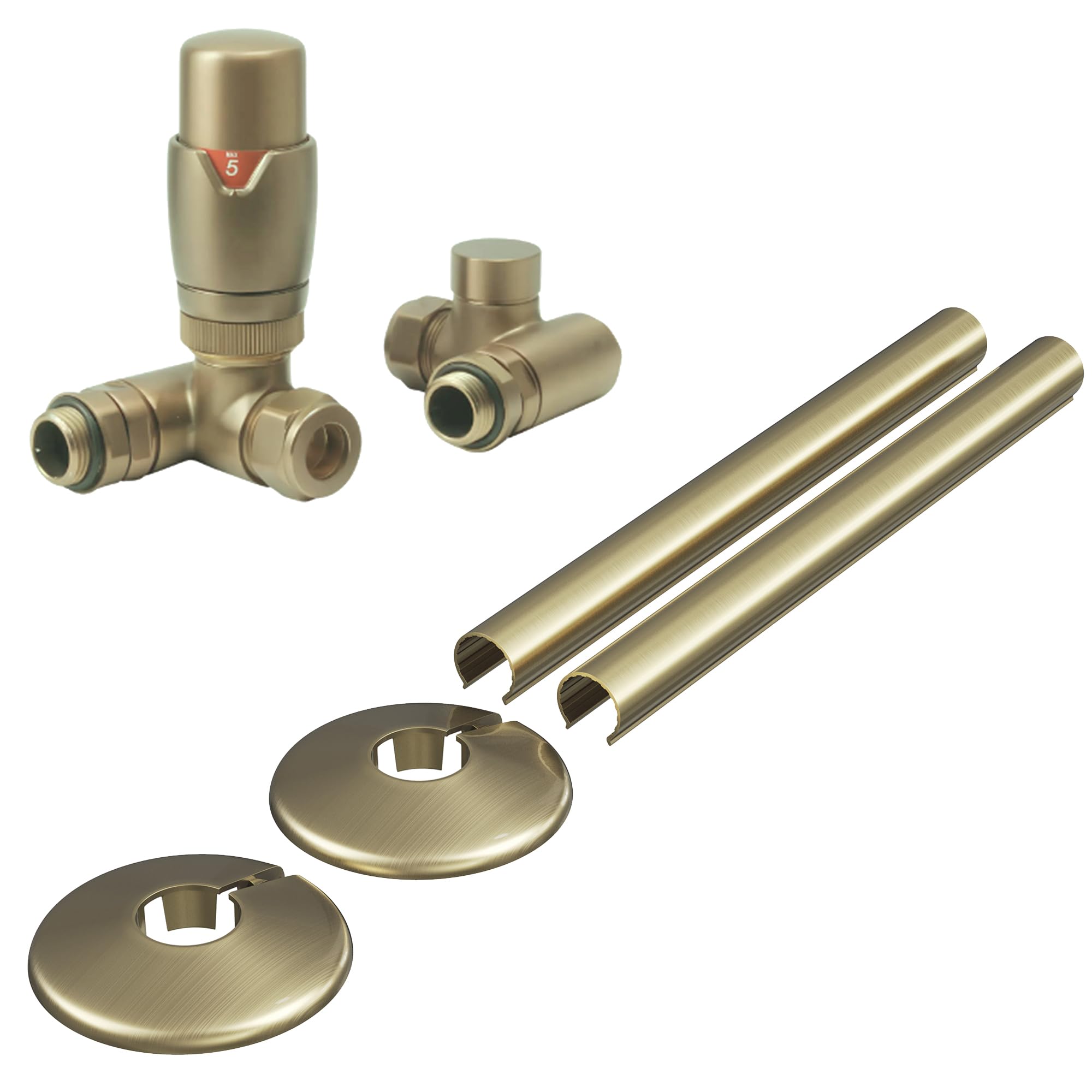 The Home Store Chrome Dual Fuel Thermostatic Radiator Valve Brushed Brass Corner - 1/2" X 15Mm With Clip-On Pipe Covers And Collars