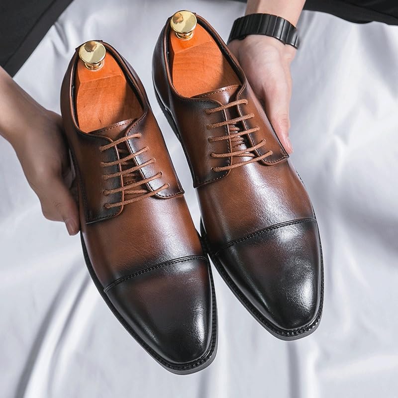 Fashion Dark Brown Men Shoes, Leather Oxfords for Men, Elegant Comfortable Dress Office Man Shoes, Pointed Toe Lace-up Leather Shoes2