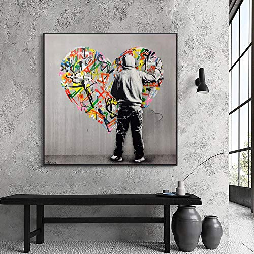 Yooyu Cuadros Modernos Baratos Graffiti Art Street Pop Art Love Shape Lienzo Pintura Carteles Arte de la pared Impresión para la sala de estar Decoración del hogar 80x80cm (32x32in) Marco interno
